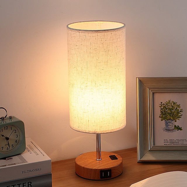 Desk Lamp USB Charging Ports, Gray Beige Bedside Lamp with AC Socket, Bedside Lamp with Zipper Switch, Minimalist Modern Desk Lamp with Fabric Shade, Suitable for Living Room Bedroom Office