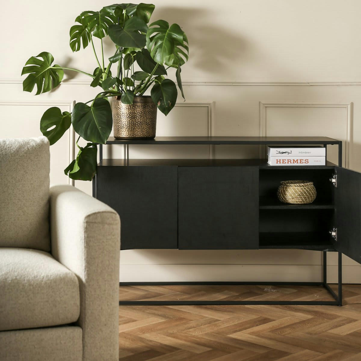 FRIMY - Buffet bas 3 portes en bois et métal noir noir