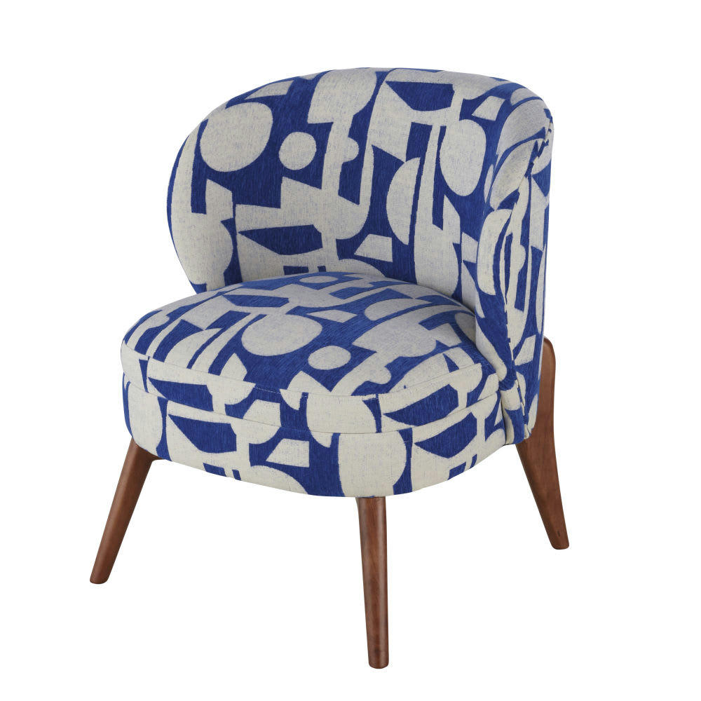 Katie - Fauteuil tissé jacquard imprimé bleu et écru