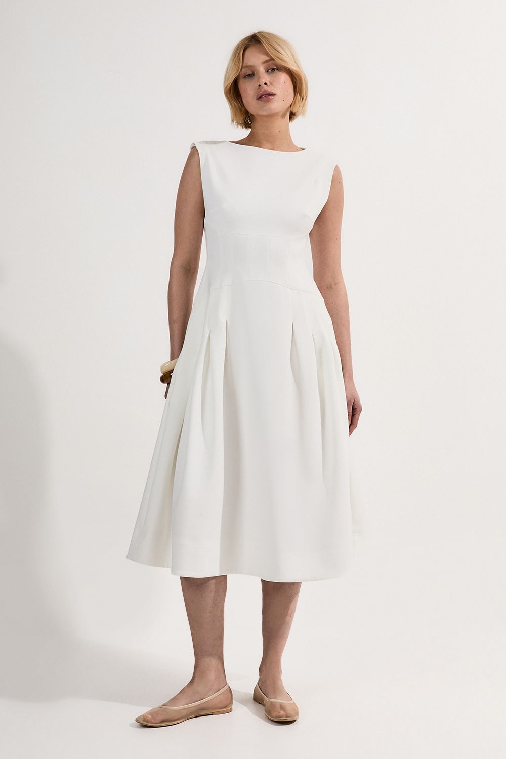 KarenMillen Petite Compact Stretch Open Back Full Skirted Tailored Midi Dress