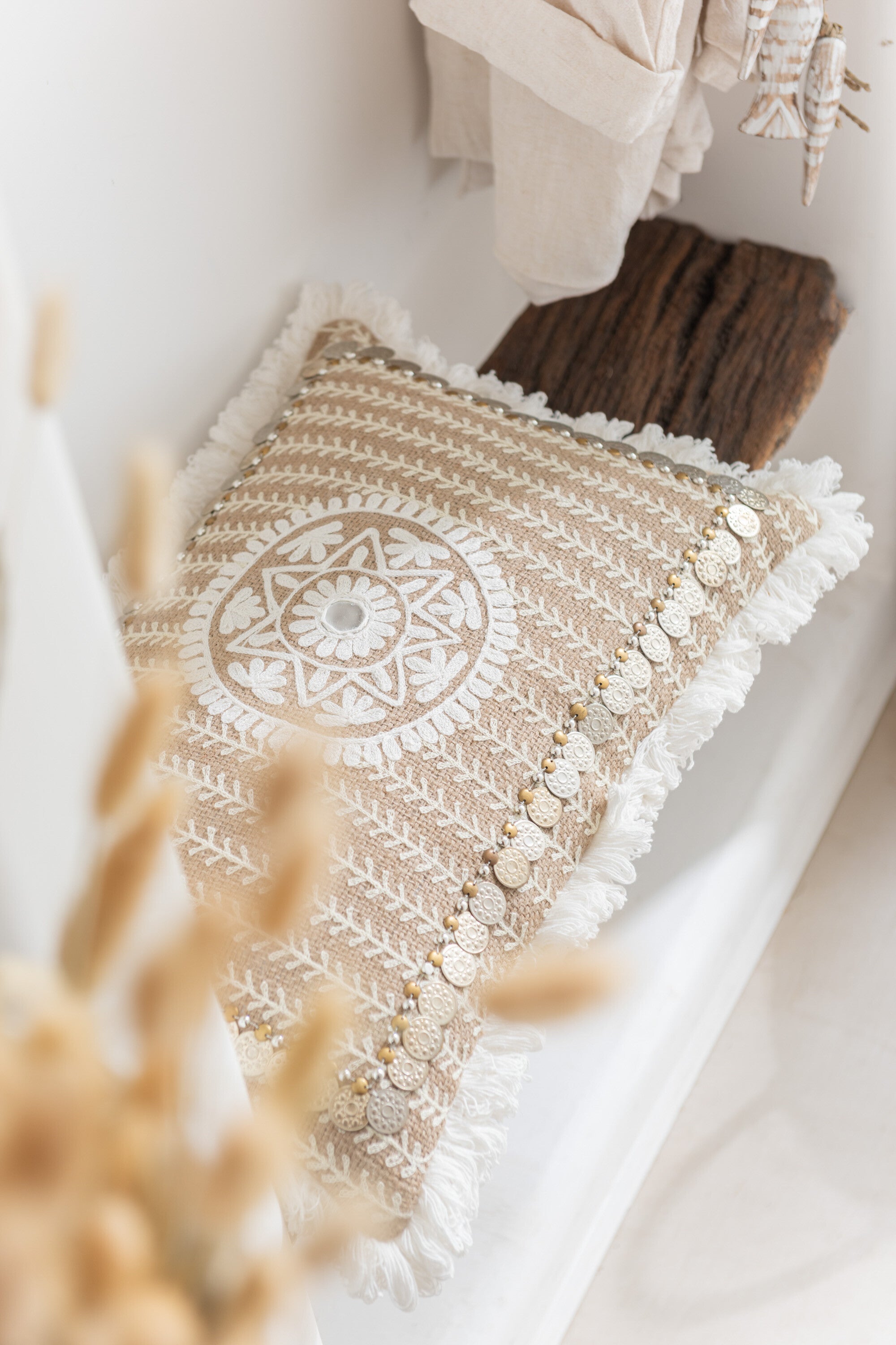 J-Line kussen Rechthoekig Patroon - jute - naturel/beige