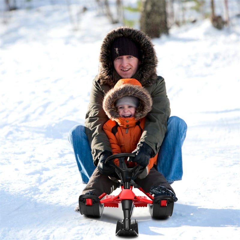 Kids Snow Racer Sled Ski Sled with Steering Wheel Double Brakes Pull Rope
