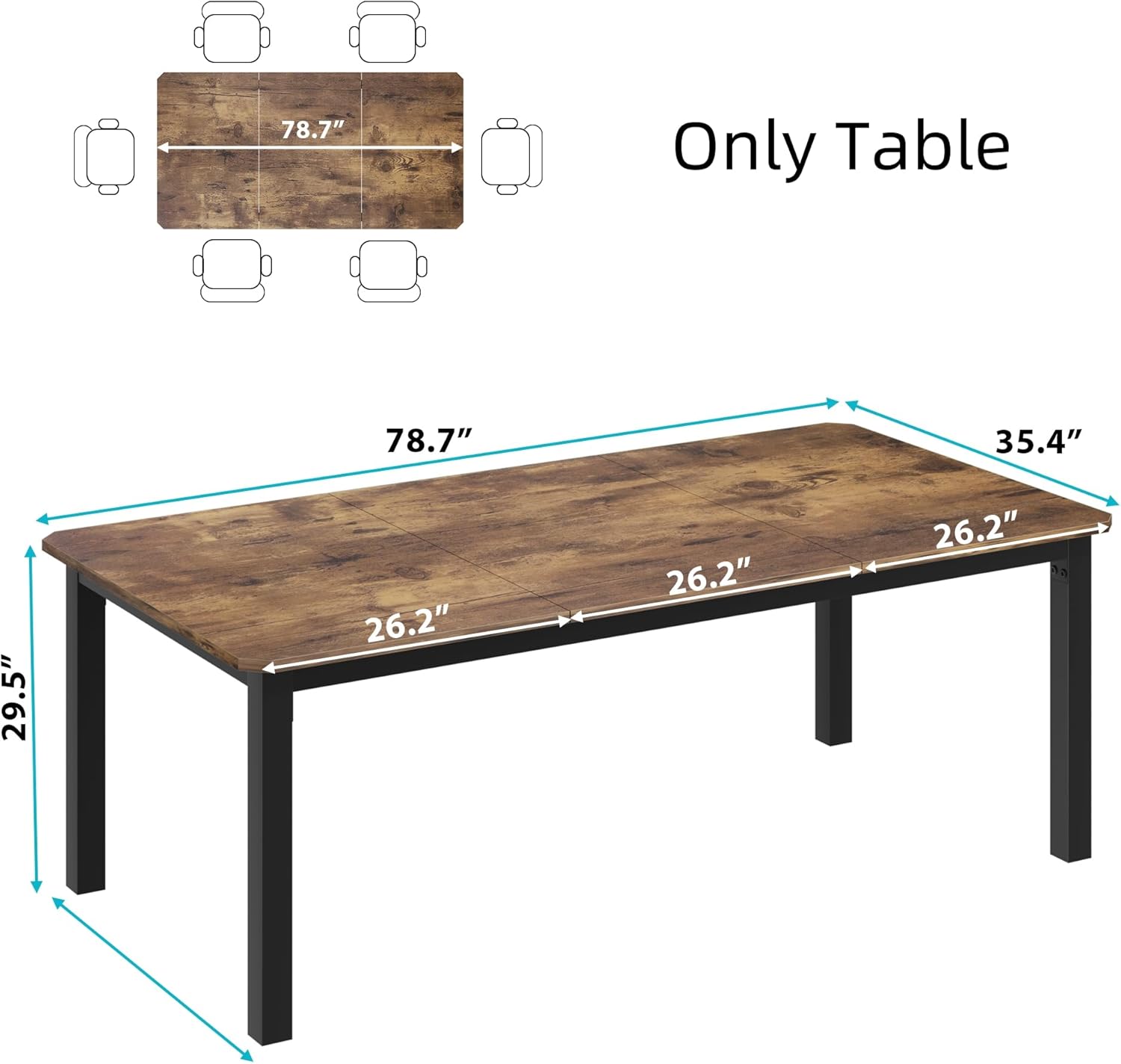 GarveeHome Industrial Dining Table for 6-8 People, 78.7 in Long Kitchen Table with Sturdy Metal Frame & Rustic Brown Finish - Seats 6 Rectangular Counter for Dinner, Easy to Install(Only Table)