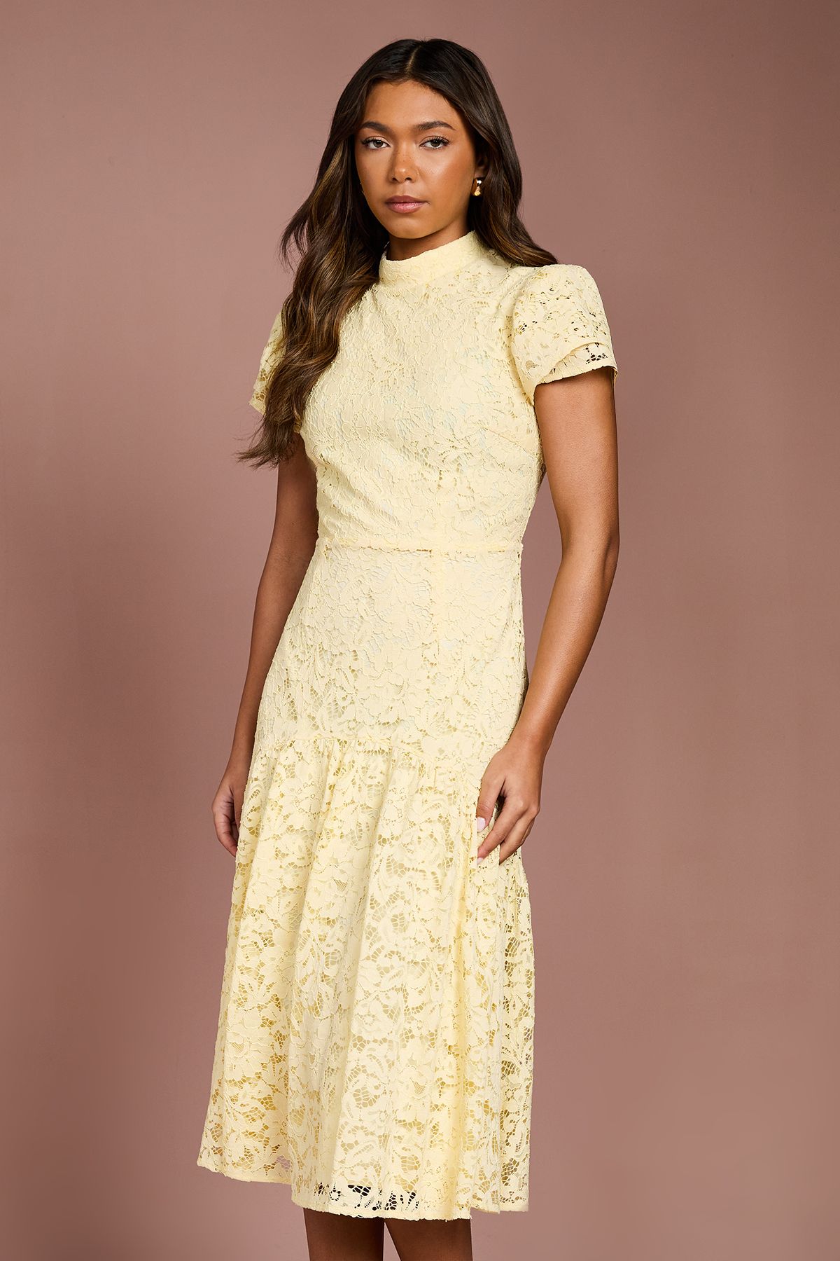 Coast Lace Frill Sleeve High Neck Midi Dress