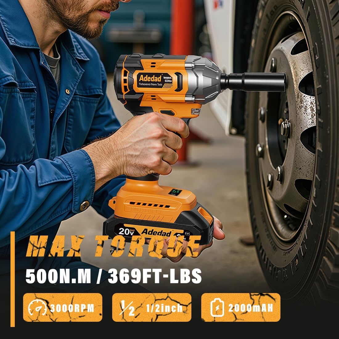 Brushless Impact Wrench 3-in-1 500N.m(369Ft-lbs) Torque Wrench 1/2 Drive with 2.0Ah Battery, 8 Drill Bits, 6 Screwdriver Bits, 4 Sockets, Cordless Impact Gun for automotive Repair and DIY