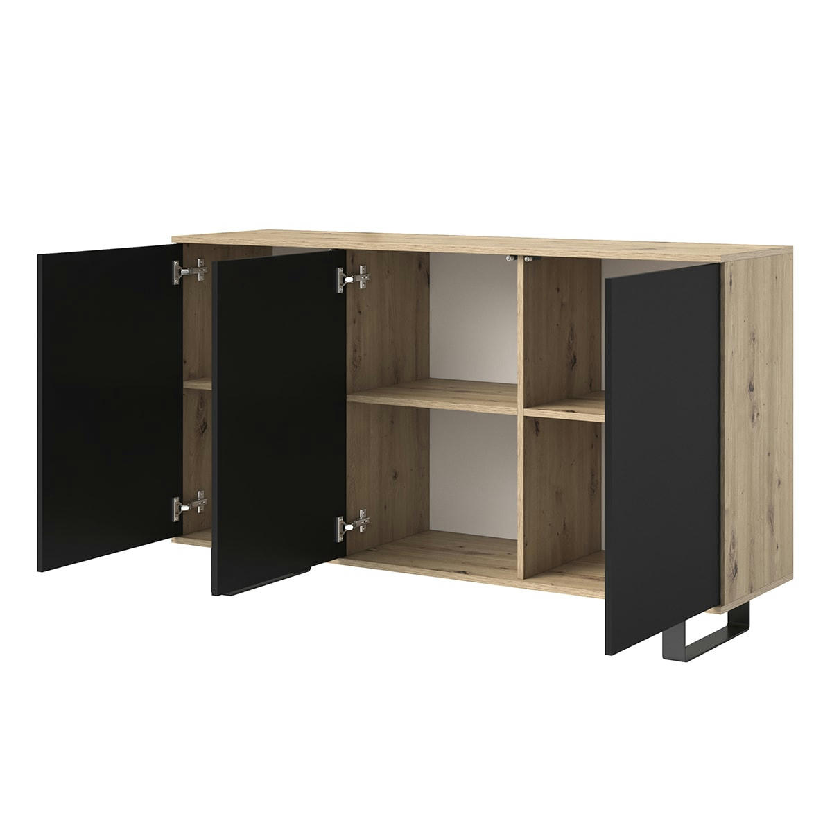 - Buffet 3 portes stratifiés, métal naturel et noir