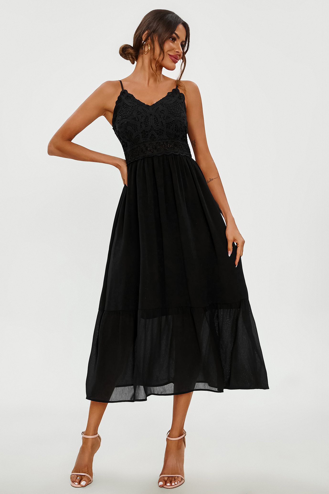 FS Collection Lace Embroidery Anglaise Maxi Slip Dress In Black