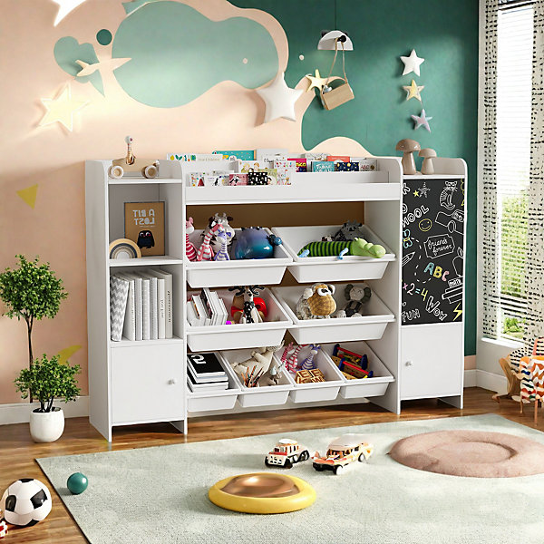 Bibliothèque enfant, étagère à 4 Niveaux avec 5 Compartiments et 8 Bacs Amovibles, pour Chambre Salon Salle de Jeu, Blanc