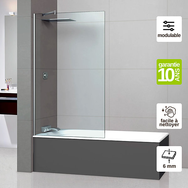 Paroi de baignoire fixe en verre sécurité transparent ép 6mm anti calcaire, L110 x H147 cm, chrome, SUPERBAN Mont Blanc CC