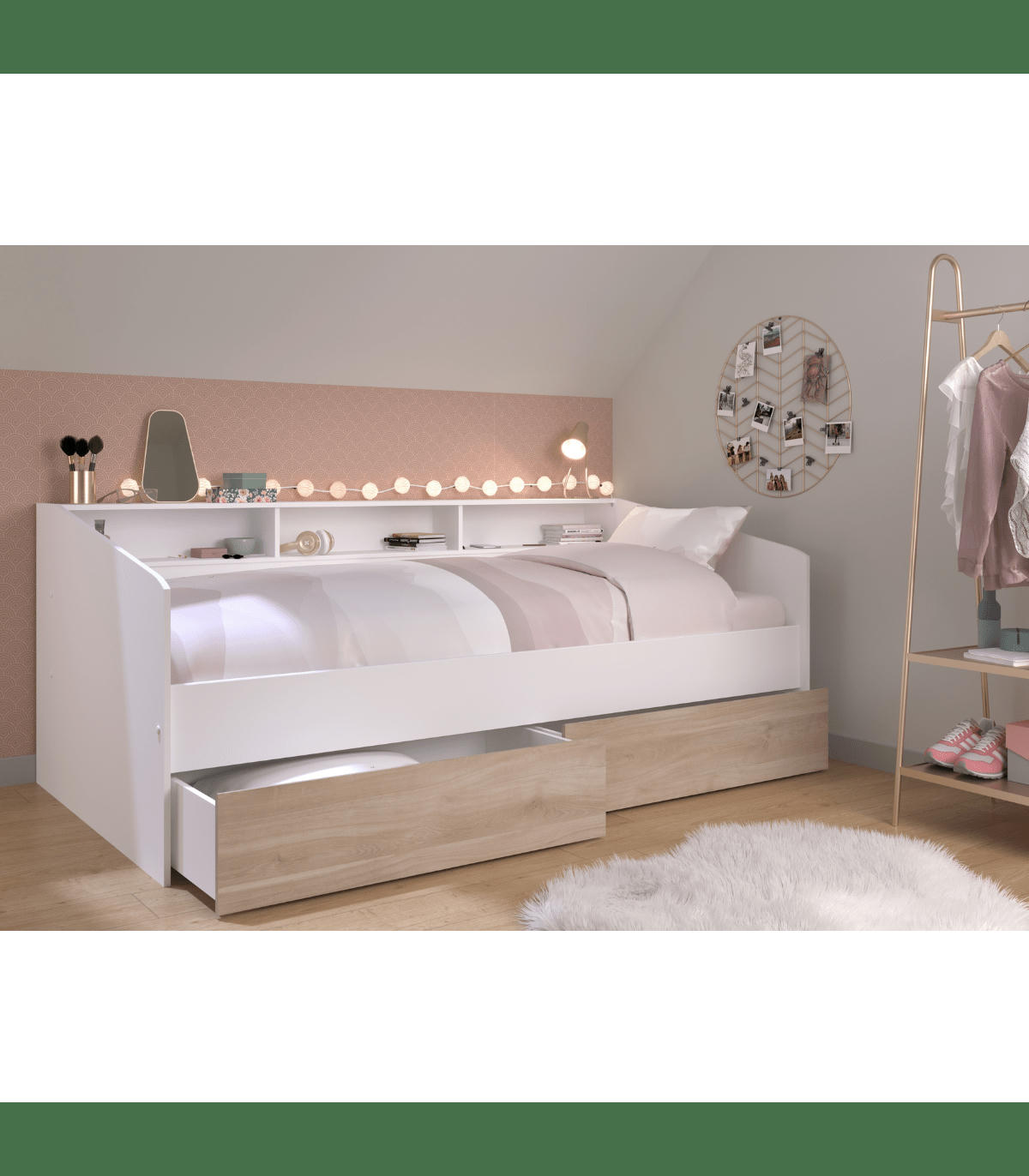 STAMP - Lit banquette couchage 90x200 avec tiroirs et niches