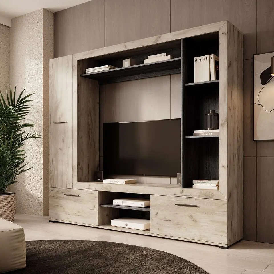 Meubella - Wandmeubel Loni - Grijs eiken - Zwart eiken