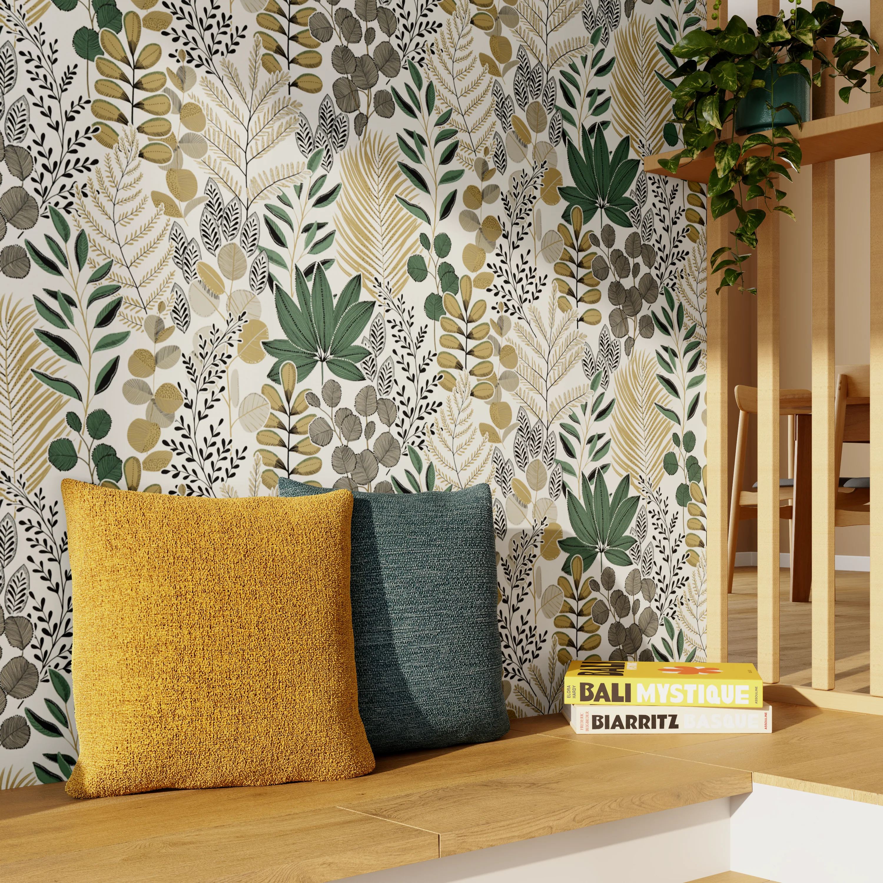 Papier peint intissé JOHANNA coloris jaune d'or et vert