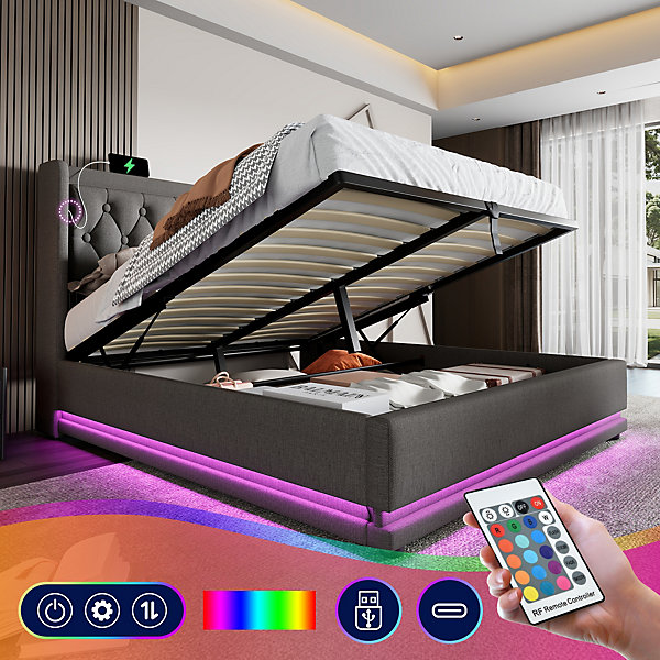 Lit coffre 160x200 cm - Lit coffre hydraulique avec USB Type-C et LED - Coton - avec Matelas - Gris