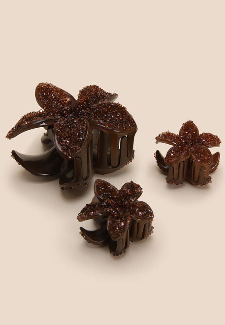 Womens 3pk Brown Sparkle Flower Claw Hair Clips