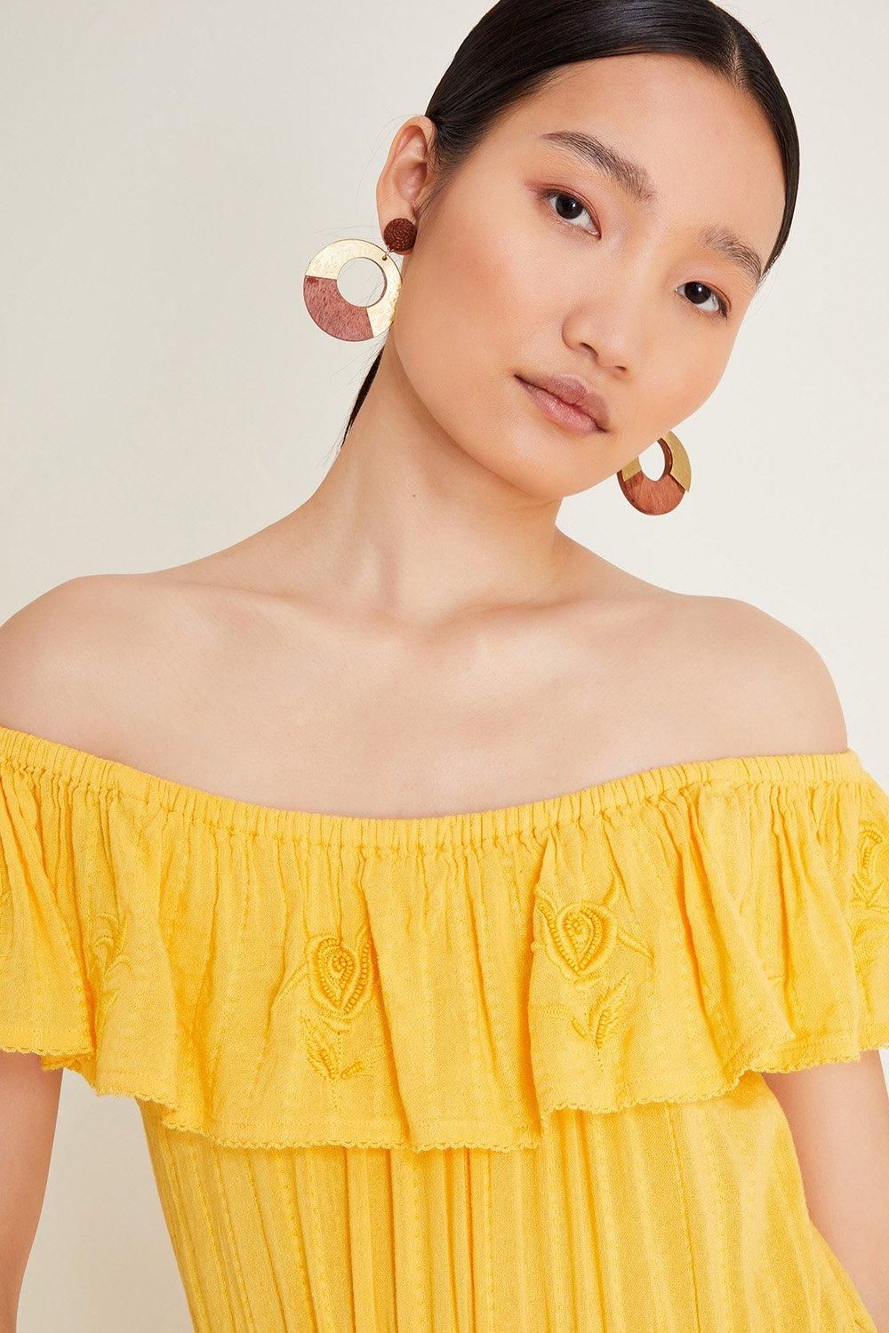 Monsoon Avani Bardot Ruffle Dress Yellow