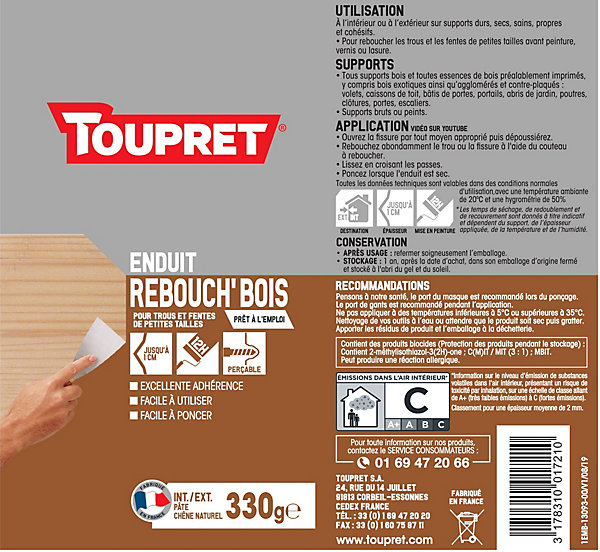 Enduit de rebouchage pâte Répar'bois Toupret intérieur et extérieur 330g