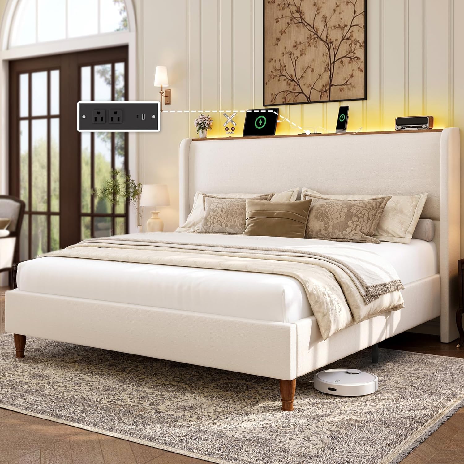 LARMACE King Size Bed Frame with LED Lights and Charging Station Linen Upholstered Platform Bed Frame with 51.2 Tall Wingback Headboard and Storage Shelf, No Box Spring Needed, Easy Assembly, Beige