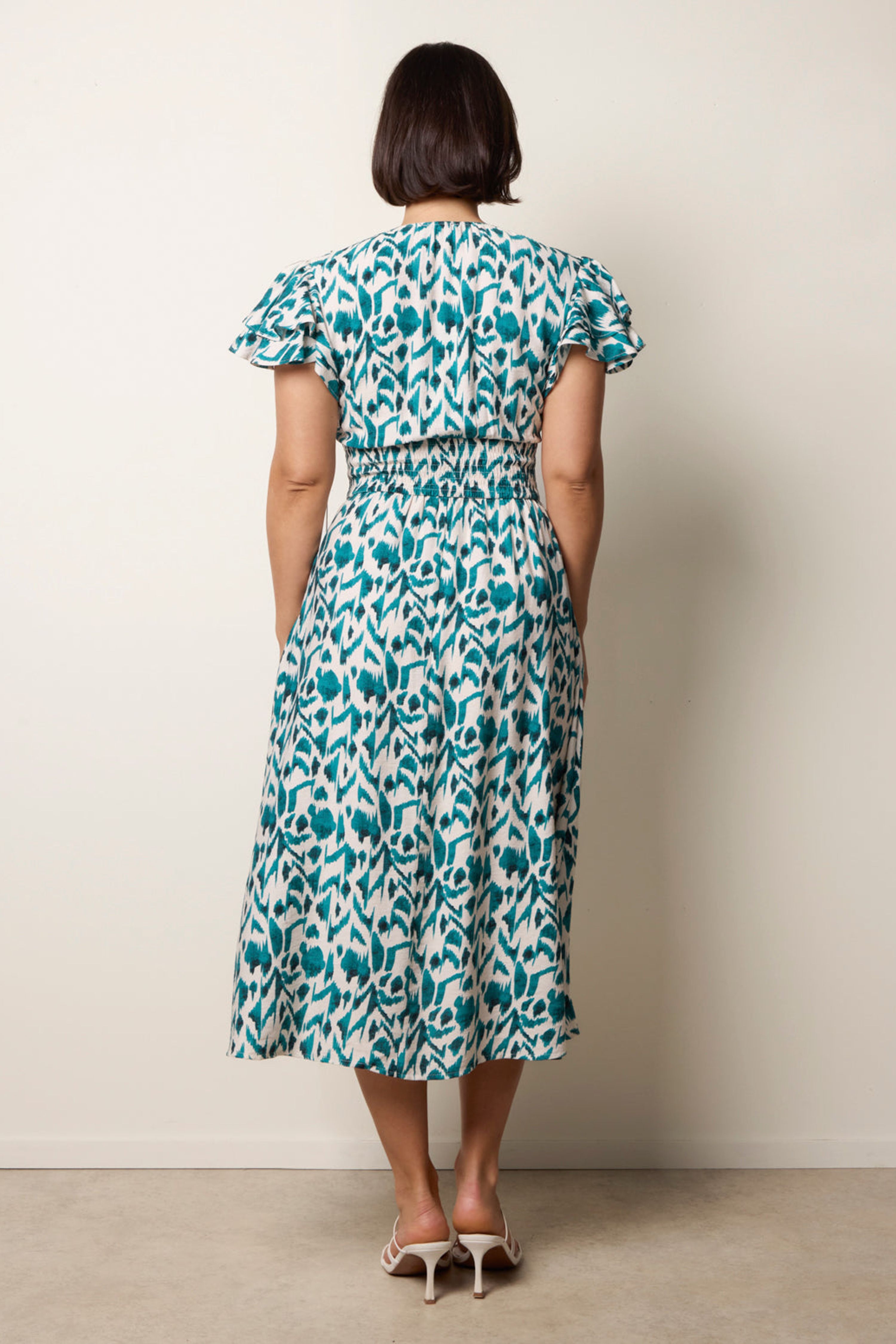 Blue Vanilla Teal Printed V Neck Frill Sleeve Midi Dress
