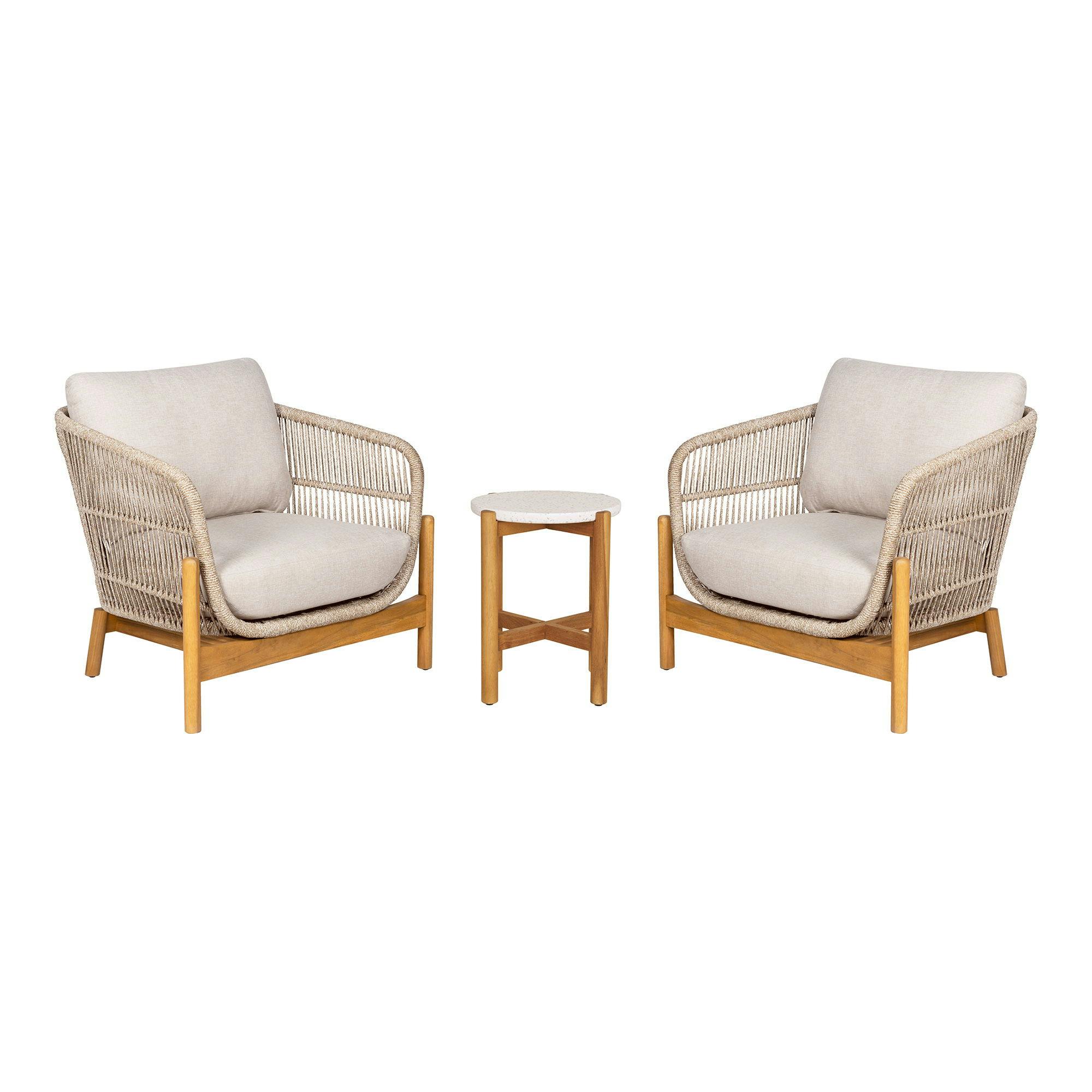 Salon de jardin détente en bois d'acacia et corde tressée (2 fauteuils, 1 petite table ø36 cm) MENDOZA
