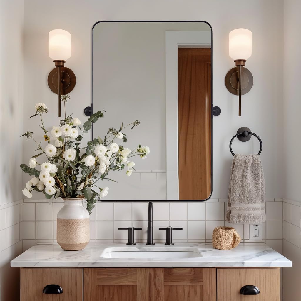 MOON MIRROR 24x36 Matte Black Pivot Mirror for Bathroom, Metal Frame Bathroom Mirrors for Wall，Rectangle Titling Vanity Wall Mirror with Rounded Corner Hangs Vertical(Overall 27.75 x 36)