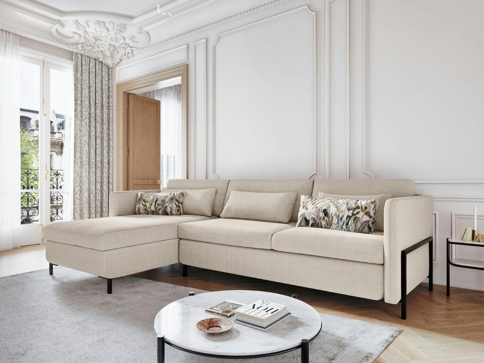 YANIS - Canapé D'Angle Gauche Conv. Coffre 4 places en Tissu Structurel Beige