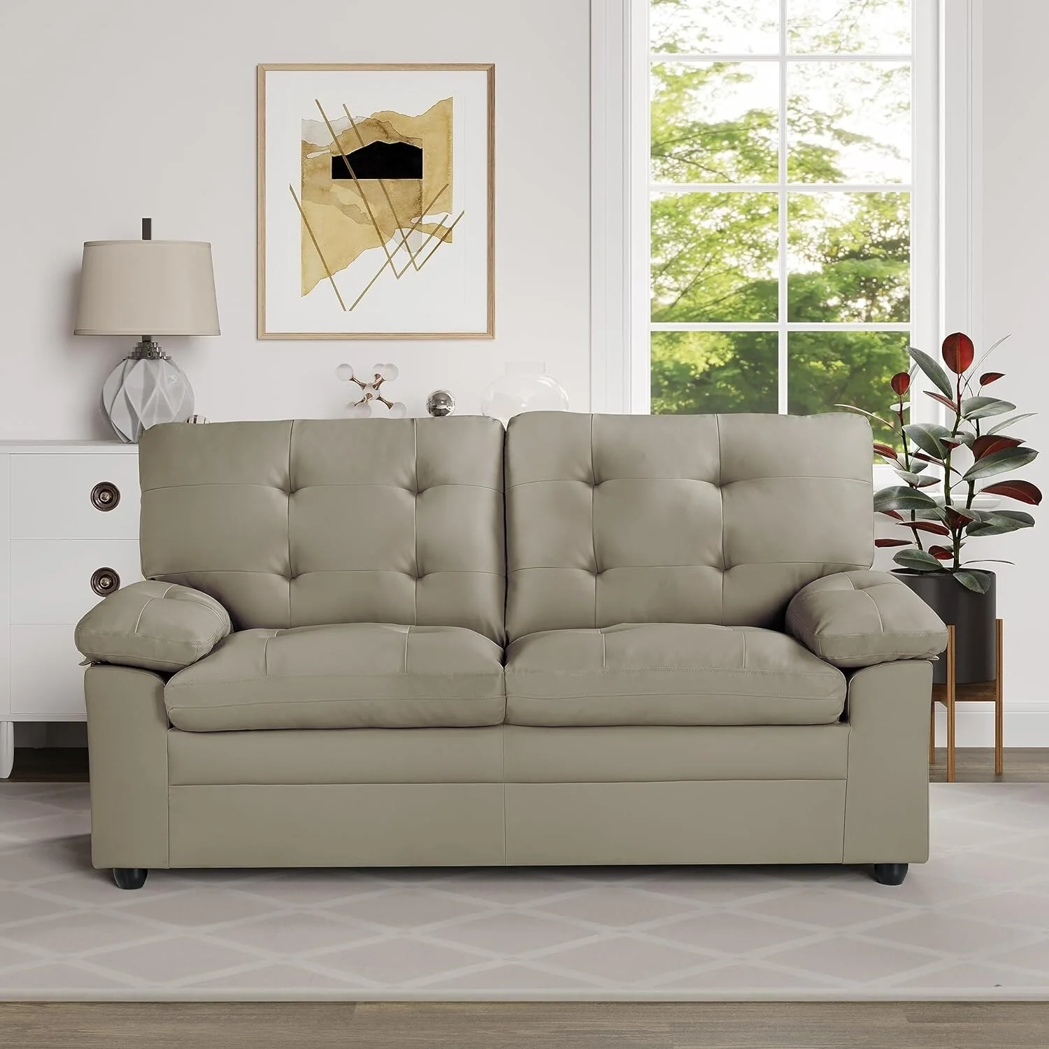 Plush Upholstered Loveseat with Faux Leather, Tufted Back, and Padded Arms - Cozy Seating for Living Room or Family Room.
