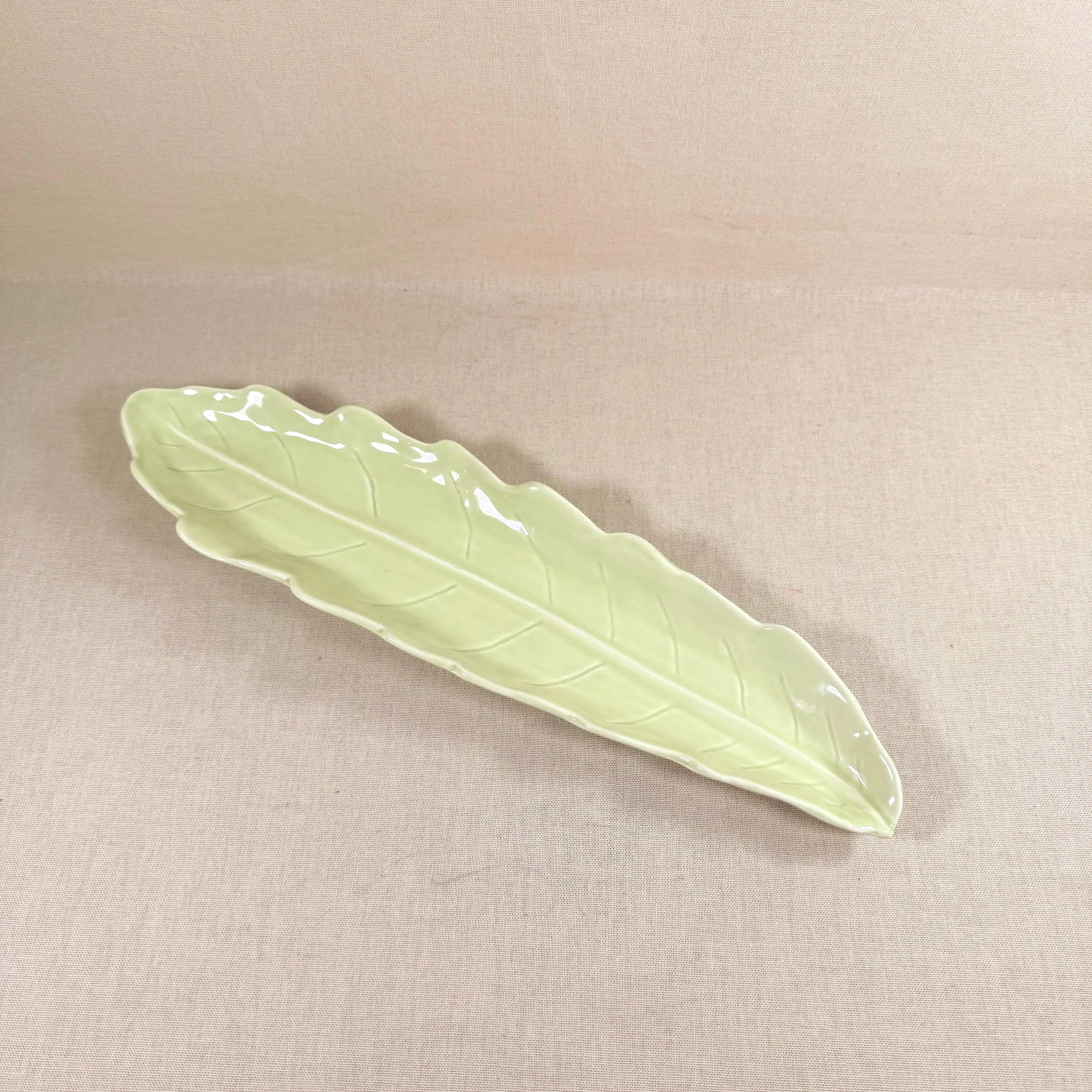 Barbara Eigen Ceramic Leaf Tray Vintage Sage Green Relish Olive Dish 16