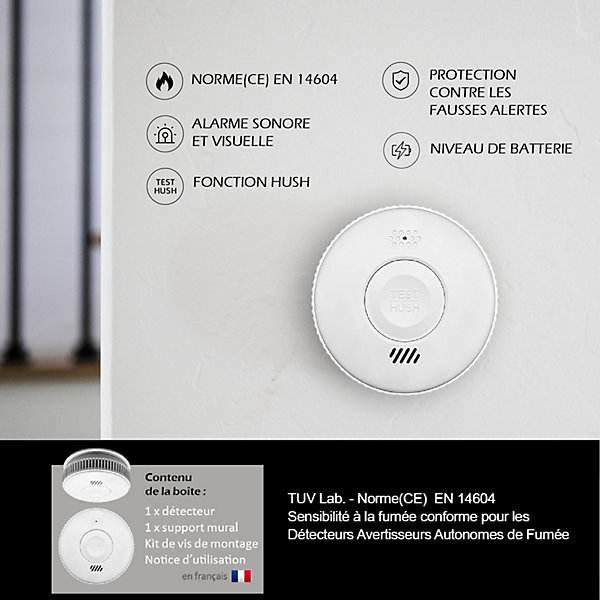 Lot de 2 x Détecteur de fumée CE EN14604 - Pile 3 ans remplaçable incluse   Kits de fixation magnétique