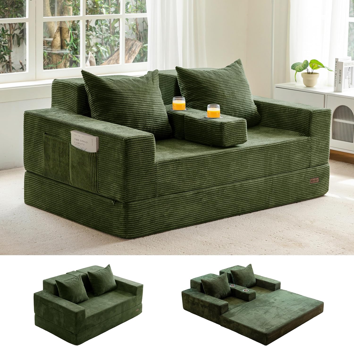 MAXYOYO Loveseat Sofa Bed, 64 Foldable Floor Sofa Couch in A Box with 2 Cup Holders, 4 in 1 Convertible Boneless Couch Folding Recliner Sleeper Chair for Living Room, No Assembly Required, Green