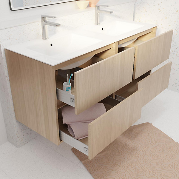 Pack Meuble Salle de Bains 120 cm Chêne Clair, 4 tiroirs avec Vasque Céramique - XENOS