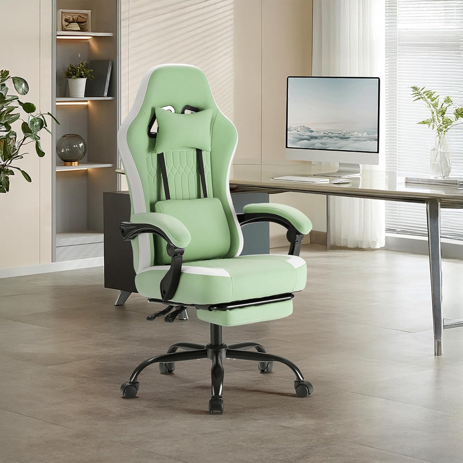 Sweetcrispy Computer Gaming Chair - High Back Ergonomic Desk Chair with Footrest and Lumbar Support, Height Adjustable with Linkage Armrests and Headrest, 360° Swivel Wheels, Fabric, Green