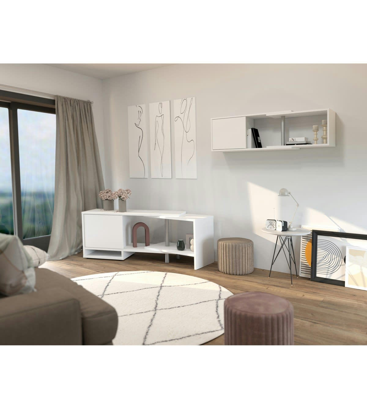 FLEX - Étagère Murale 1 Porte 4 Niches avec Angle Modulable - L174,5 cm