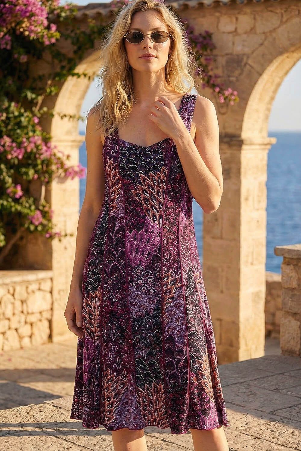 Roman Peacock Print Panel Dress