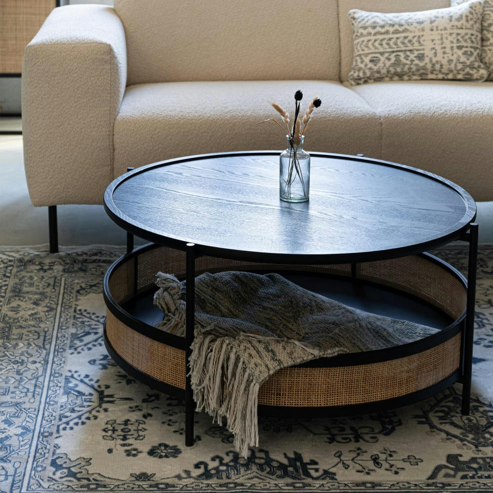 MAKOTO - Table basse ronde en bois et cannage D80cm noir