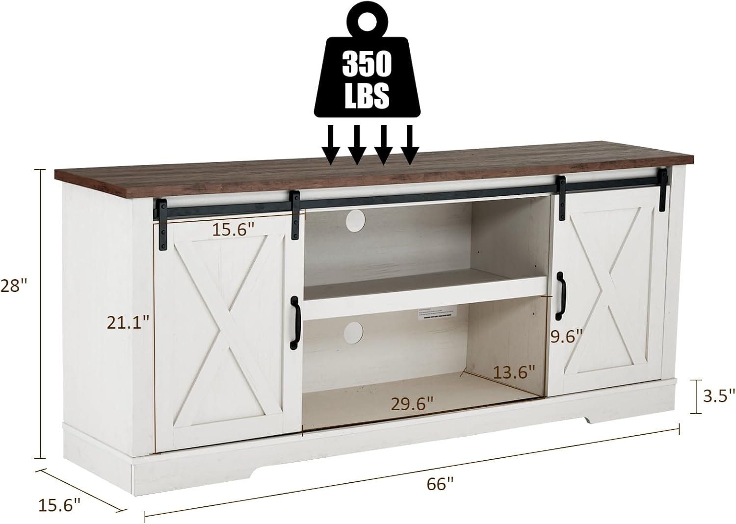 AMERLIFE 66 Farmhouse TV Stand for 75 Inches TVs, Entertainment Center with Sliding Barn Door and Adjustable Shelf & Feet, Console Table with Storage, Distressed White & Rustic
