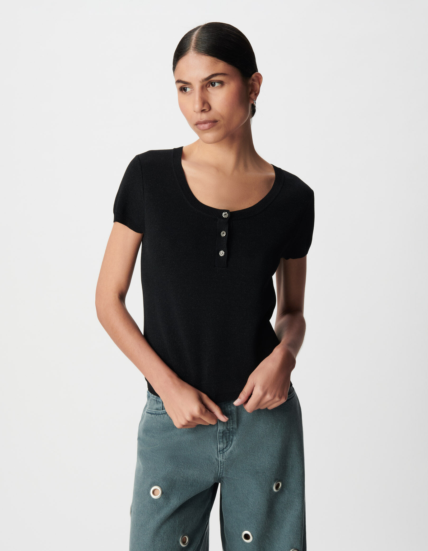 Pull fin noir pailleté encolure boutonnée Femme