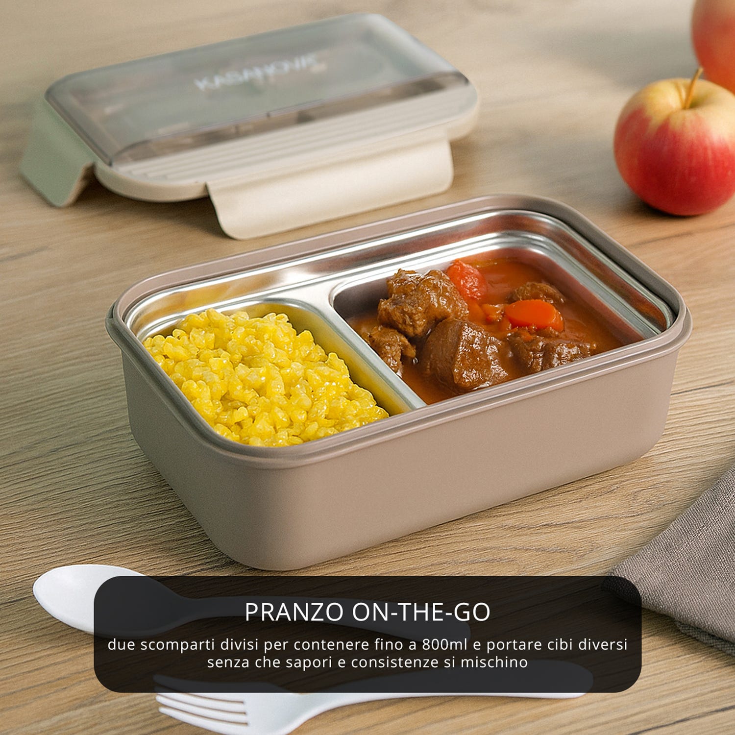 Porta pranzo con divisorio e posate Clicks marrone