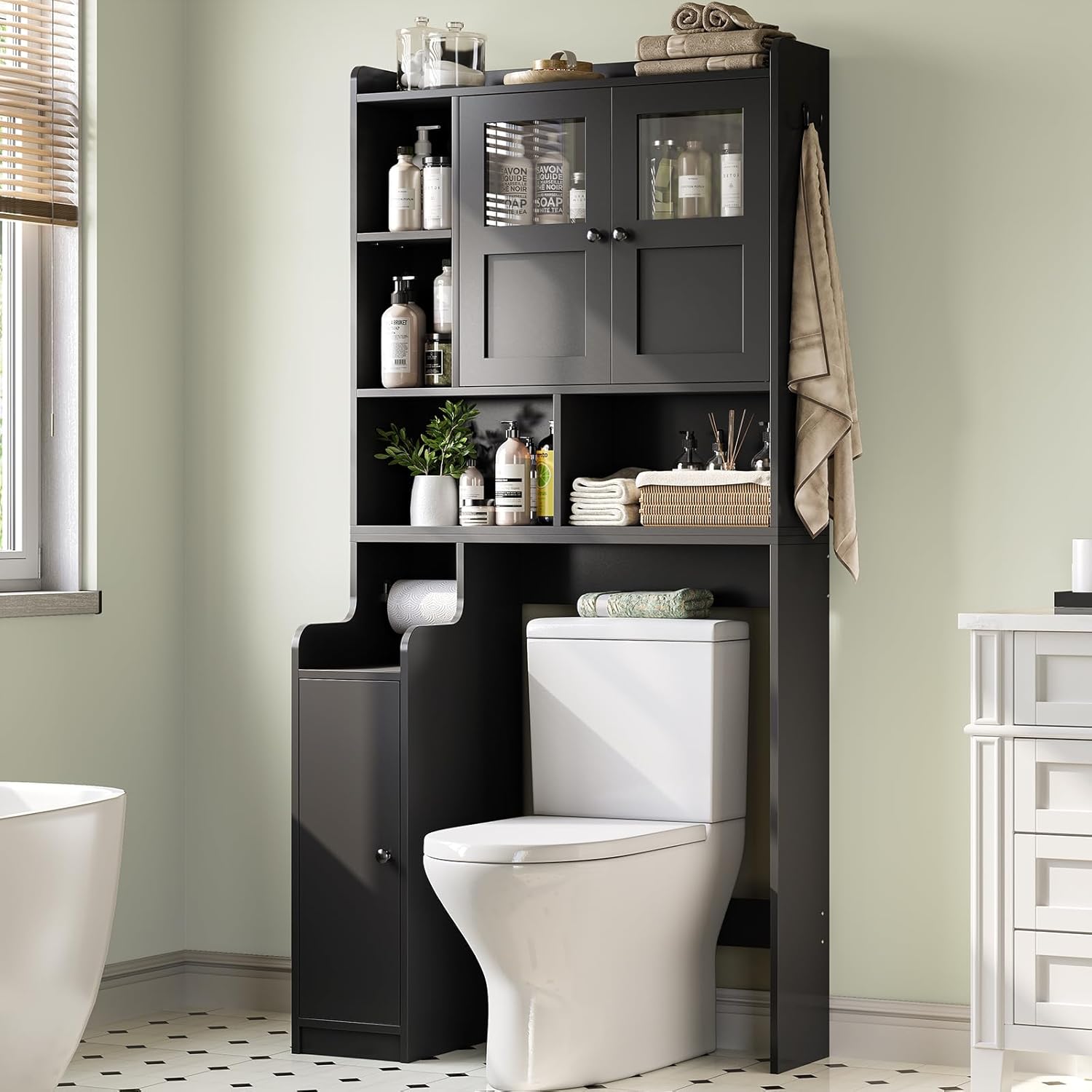 Itaar Over The Toilet Storage Cabinet, Over Toilet Bathroom Organizer with Glass Doors & Toilet Paper Holder Stand, Home Space-Saving Toilet Rack, for Bathroom, Restroom, Laundry(Black)