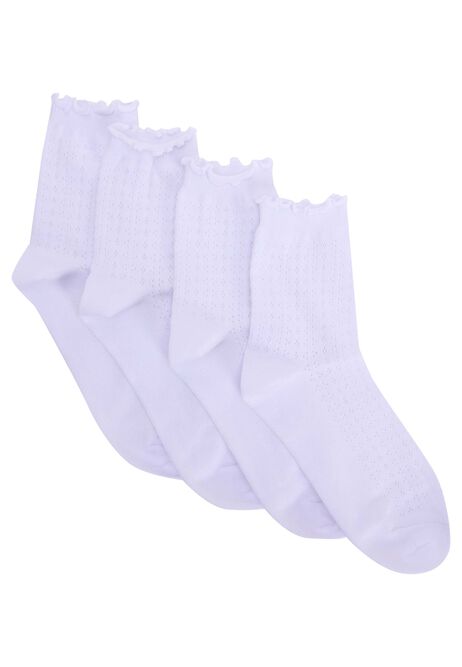 Womens 4pk White Textured Frill Ankle Socks