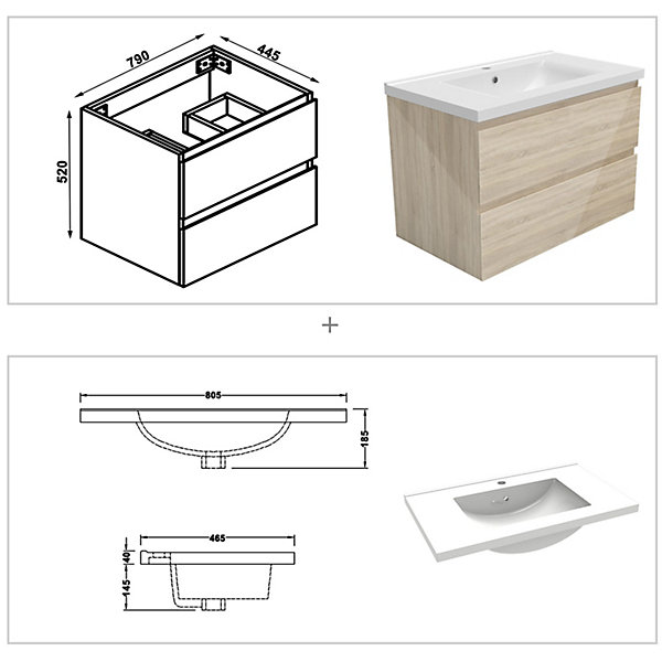 Ensemble meuble salle de bain 80 cm Chêne Wotan brillant avec 2 tiroirs, lavabo céramique simple   2 colonnes, suspendu
