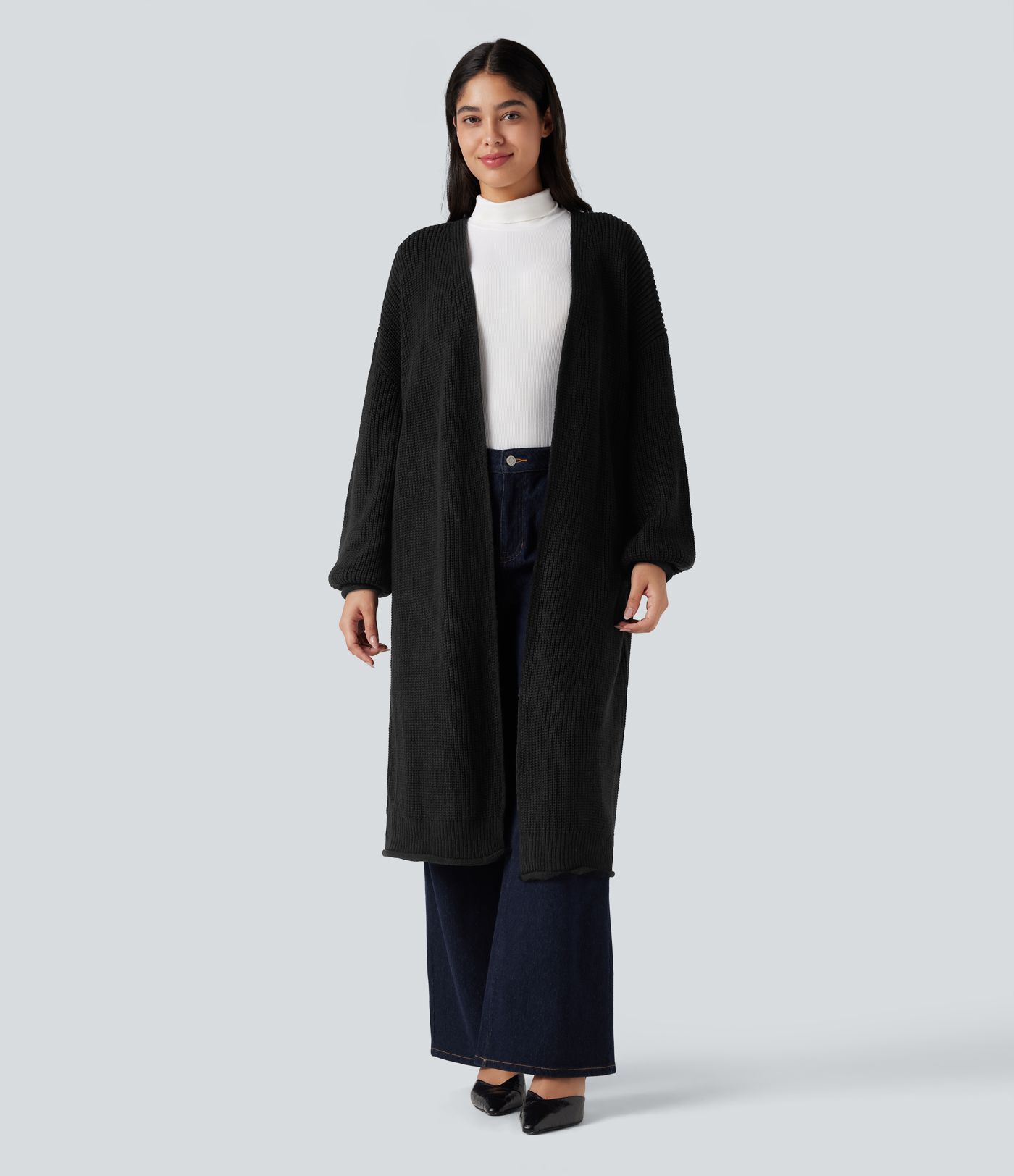 Cardigan de travail tricot ouvert manches longues coupe longue