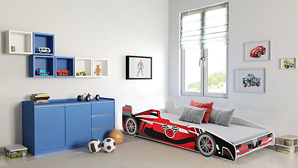 Lit enfant voiture formula 1 rouge et noir avec matelas et sommier inclus