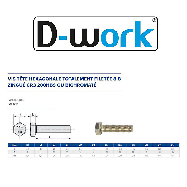 100 Vis Métaux Tête Hexagonale F/Total 12 x 45 mm - 4017 - 8.8 - Zingué CR3 - D-Work