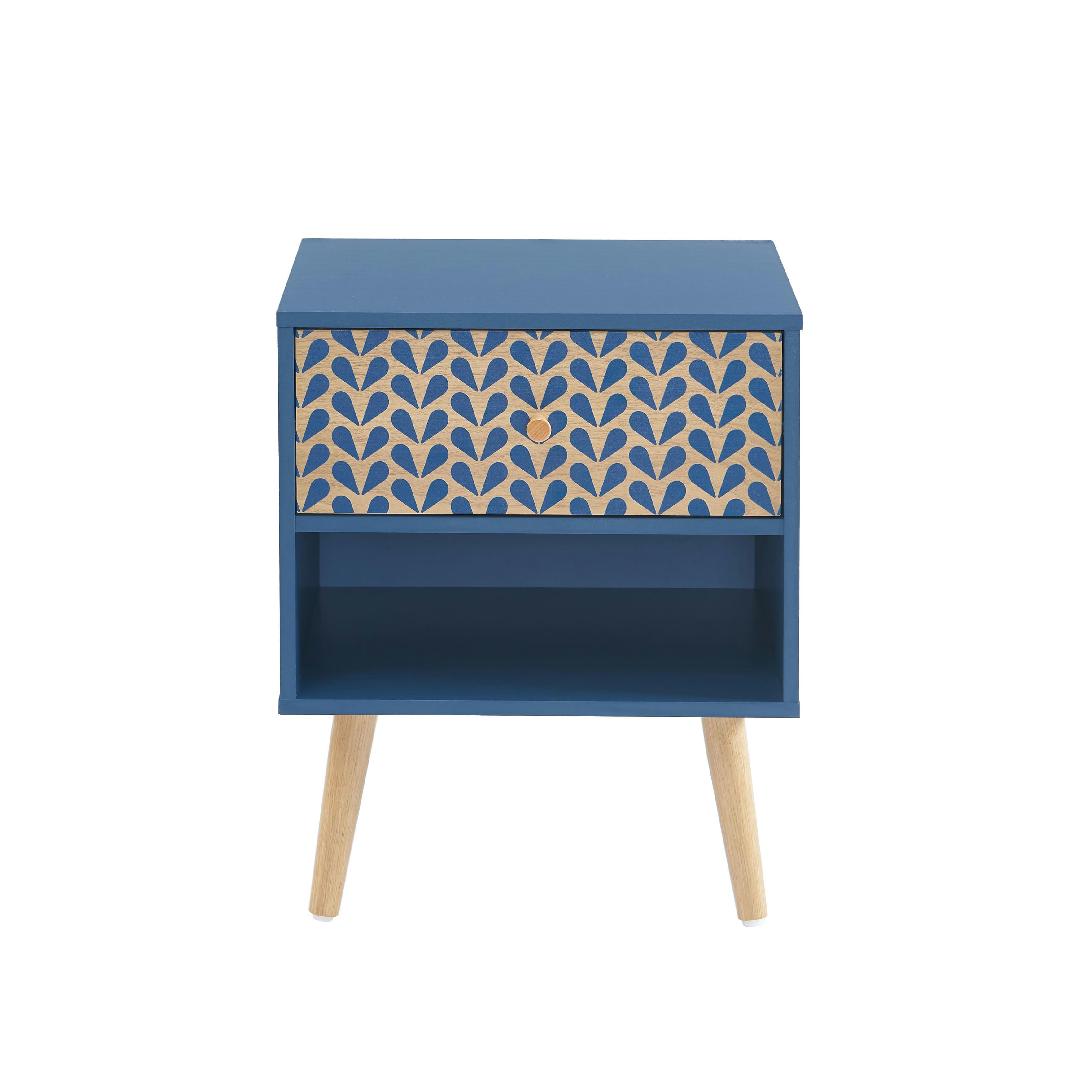 CAPUCINE - Table de chevet   bleu pétrole et effet bois et chêne 40cm