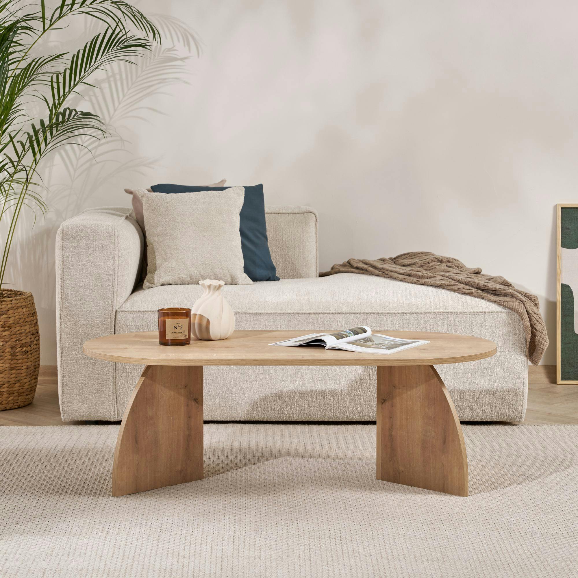 Table basse ovale effet bois de chêne, pieds courbes MARFA