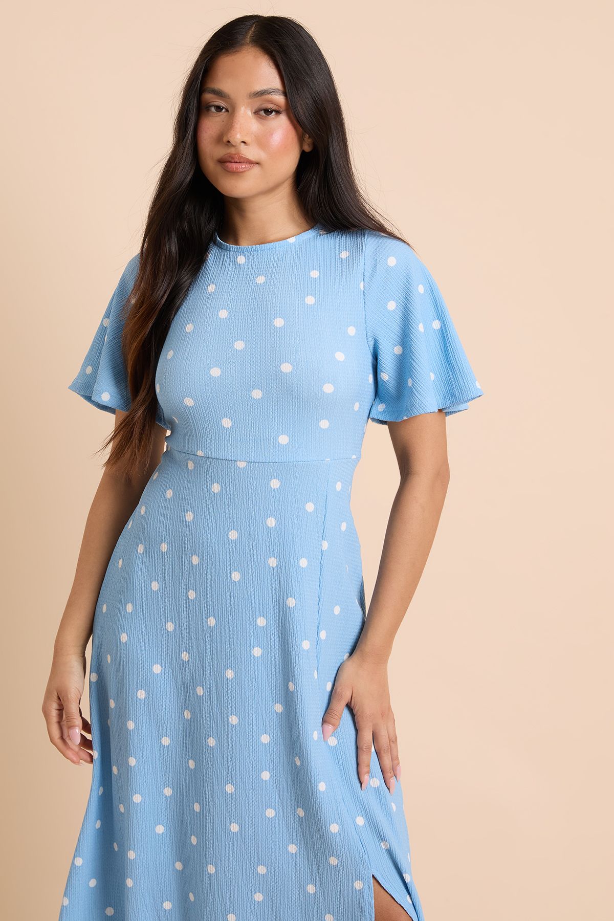 Dorothy Perkins Petite Blue Spot Angel Sleeve Midi Dress