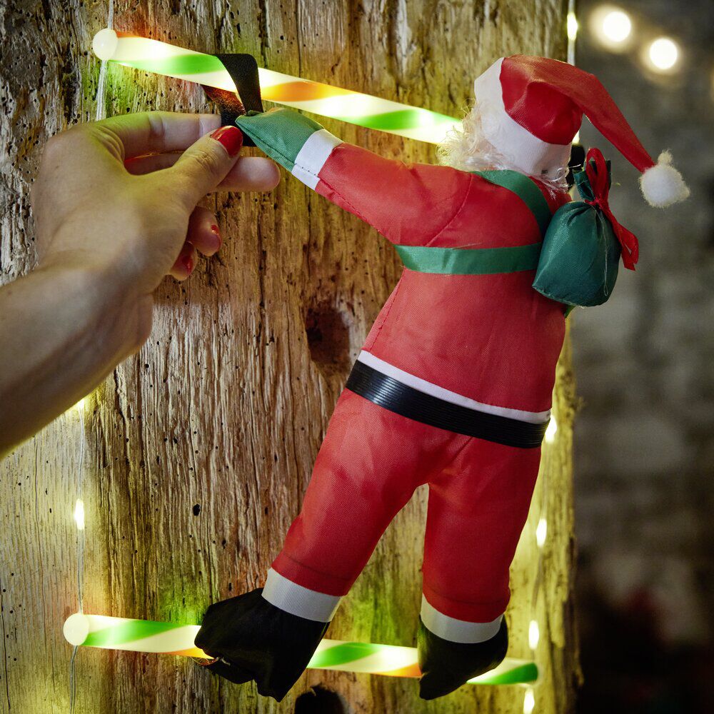 Père No&euml;l grimpeur sur échelle lumineuse 124LED blanc chaud H3m