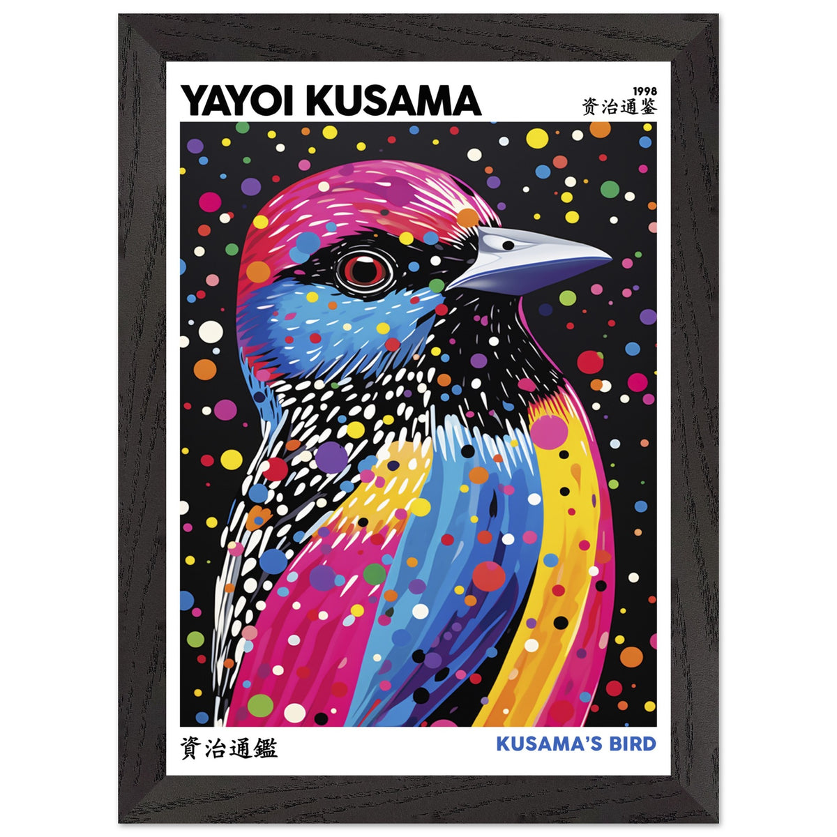 Artfulprints Poster met Lijst Yayoi Kusama - Kusama's bird  - A4 21x29.7 cm - Meerkleurig
