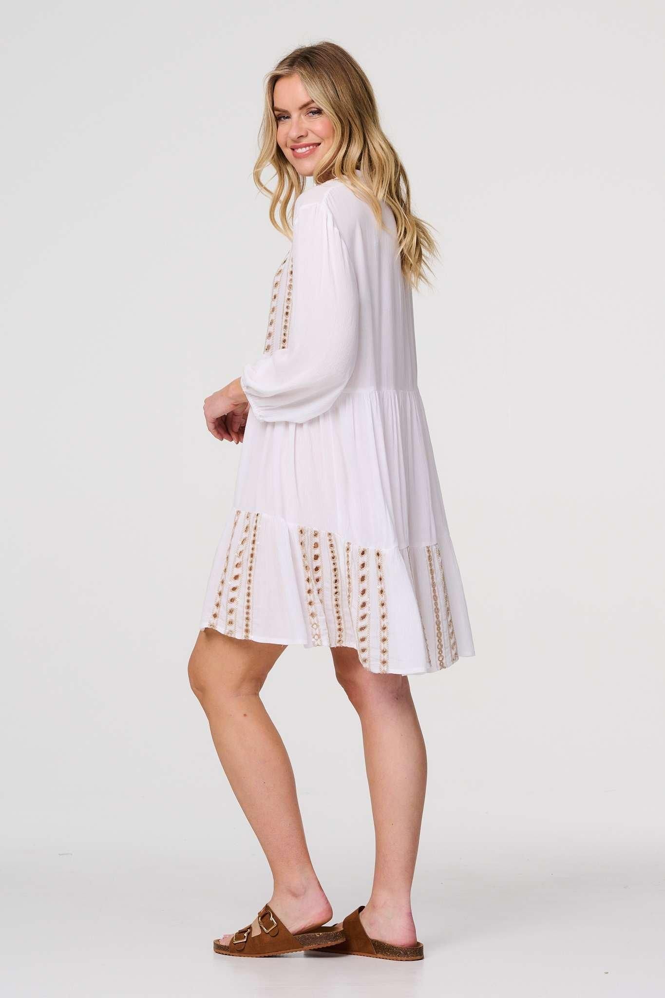 Izabel London Embroidered V-Neck Tiered Smock Dress