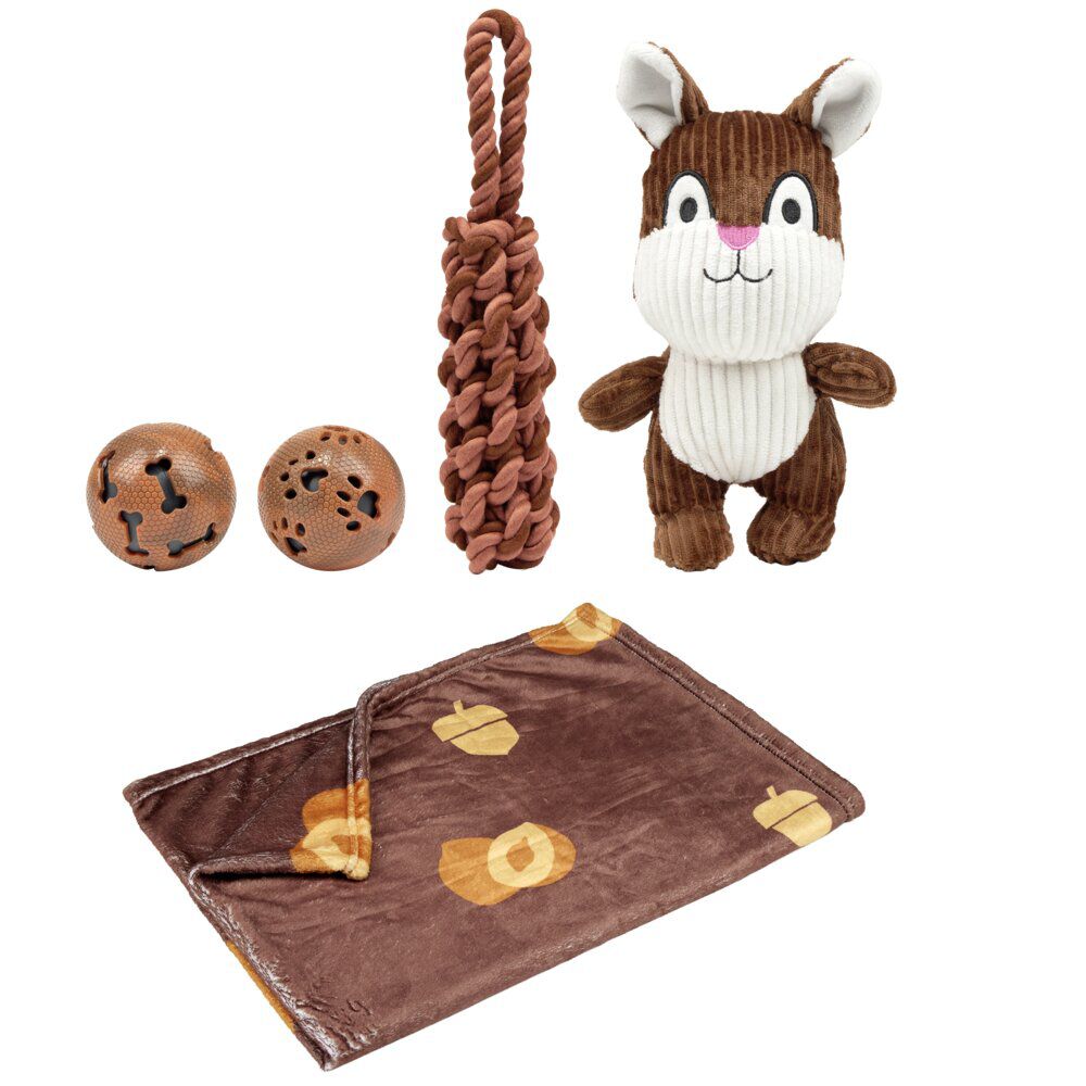 Jouet pour chien 5 pièces corde, balle, plaid, peluche écureuil marron 22x30x10cm